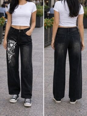 charcoal black /white painting details jeans, size medium